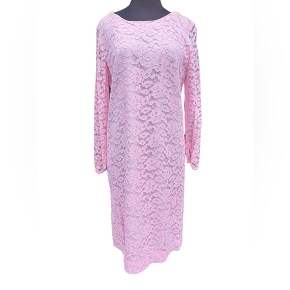 Vtg Baby Pink Floral Lace Sleeve Modest Sheer Feminine Coquette Sheath Dress M - Picture 1 of 5